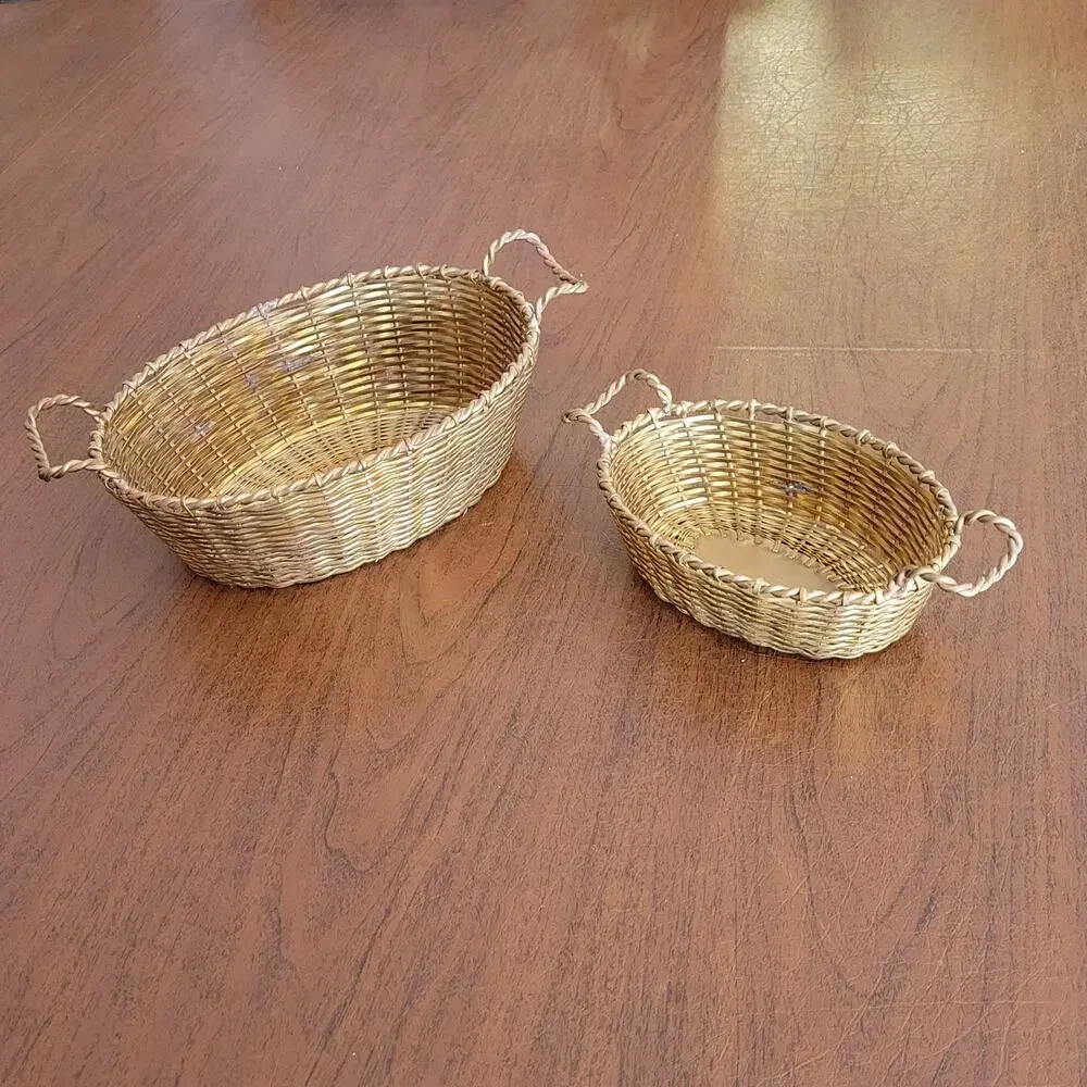 Vintage Brass Set of 2 Oval Brass Weaved Baskets